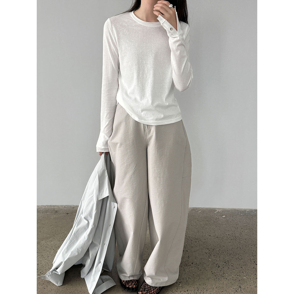 Button Detail Rolled Cuff Long Sleeve T-Shirt