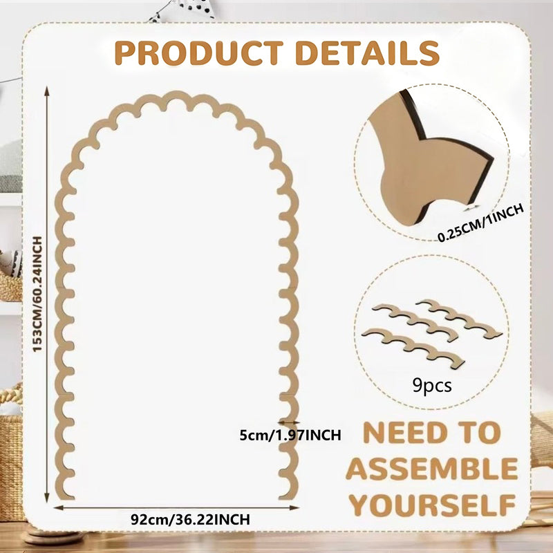Wood arch trim kit with assembly and dimension diagrams