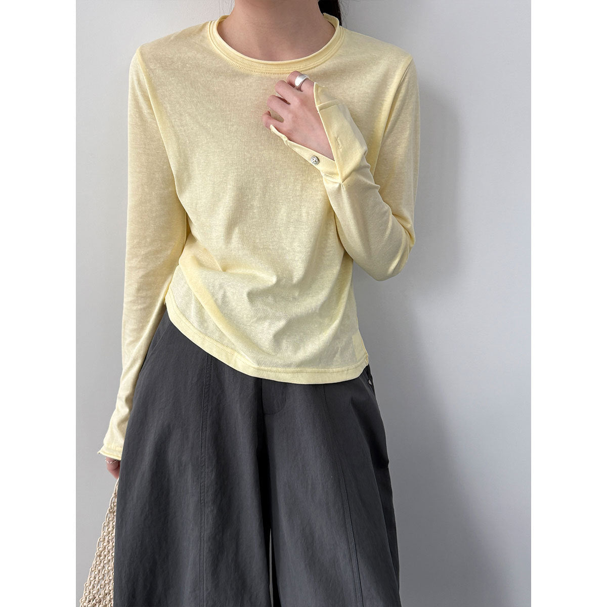 Button Detail Rolled Cuff Long Sleeve T-Shirt