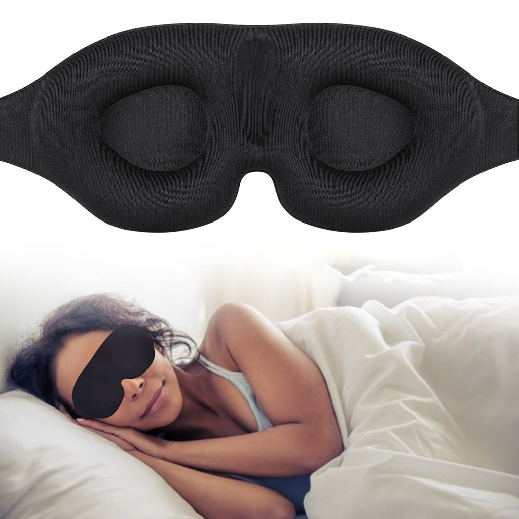 Black contoured sleep mask with a sleeping model