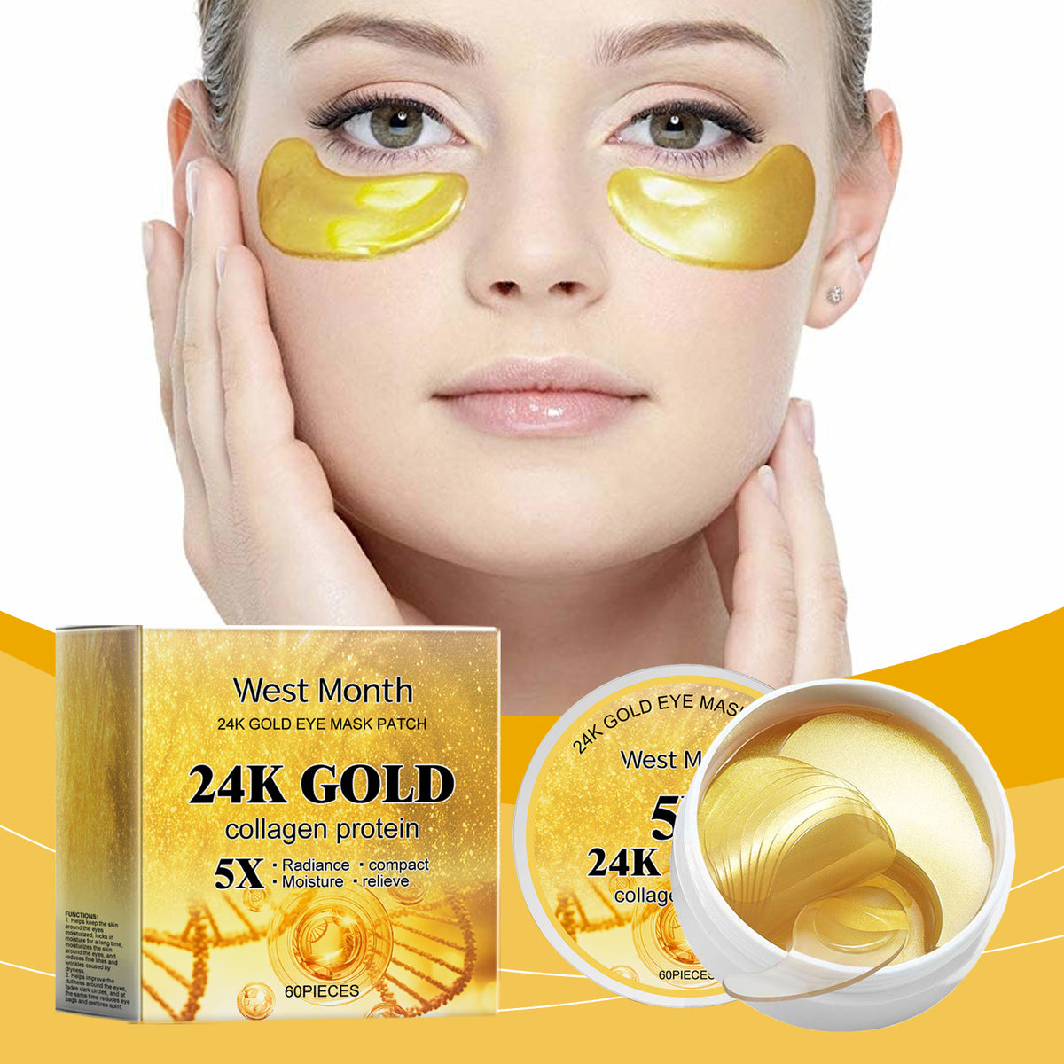 Model wearing gold under-eye patches beside packaging