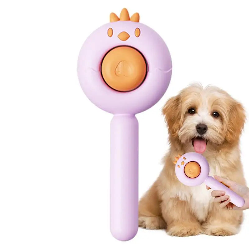 Purple paw-shaped grooming brush beside a dog