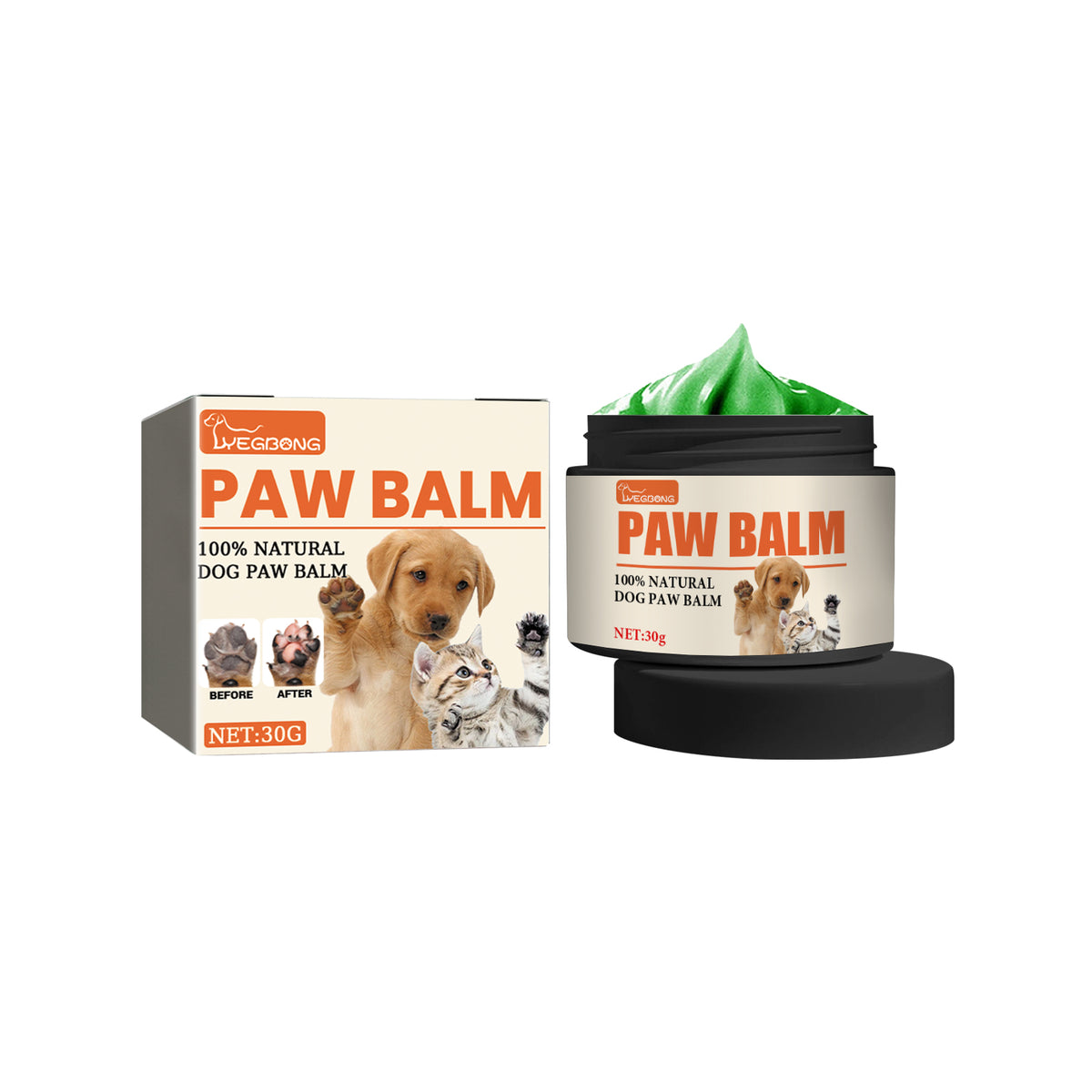 Paw balm jars with orange-and-green packaging