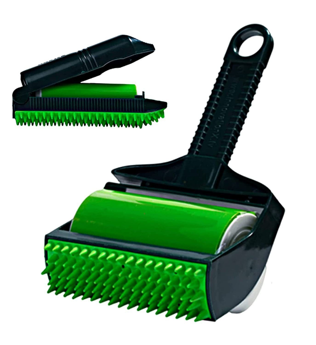 Green-and-black handheld lint removal brush