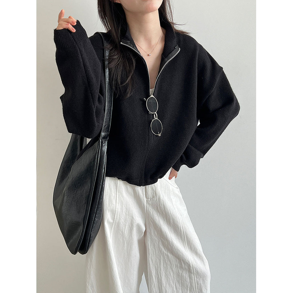 Deer West Women's Stand Collar Drawstring Knit Jacket