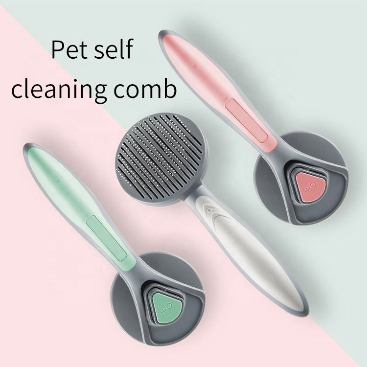 Self-cleaning pet combs with green and gray handles
