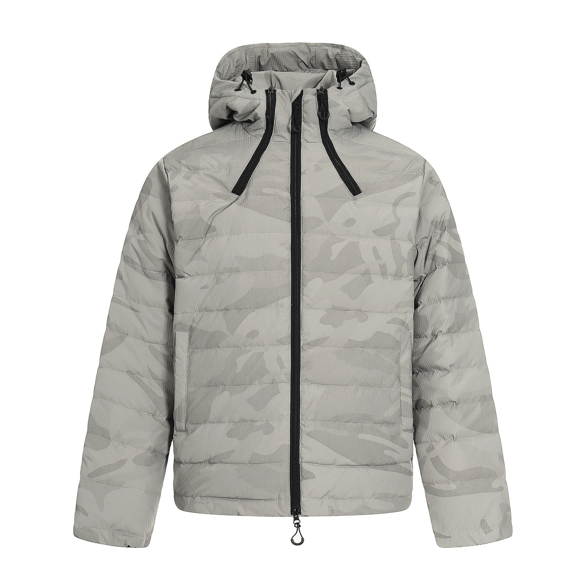 Light gray hooded winter jacket with black zipper