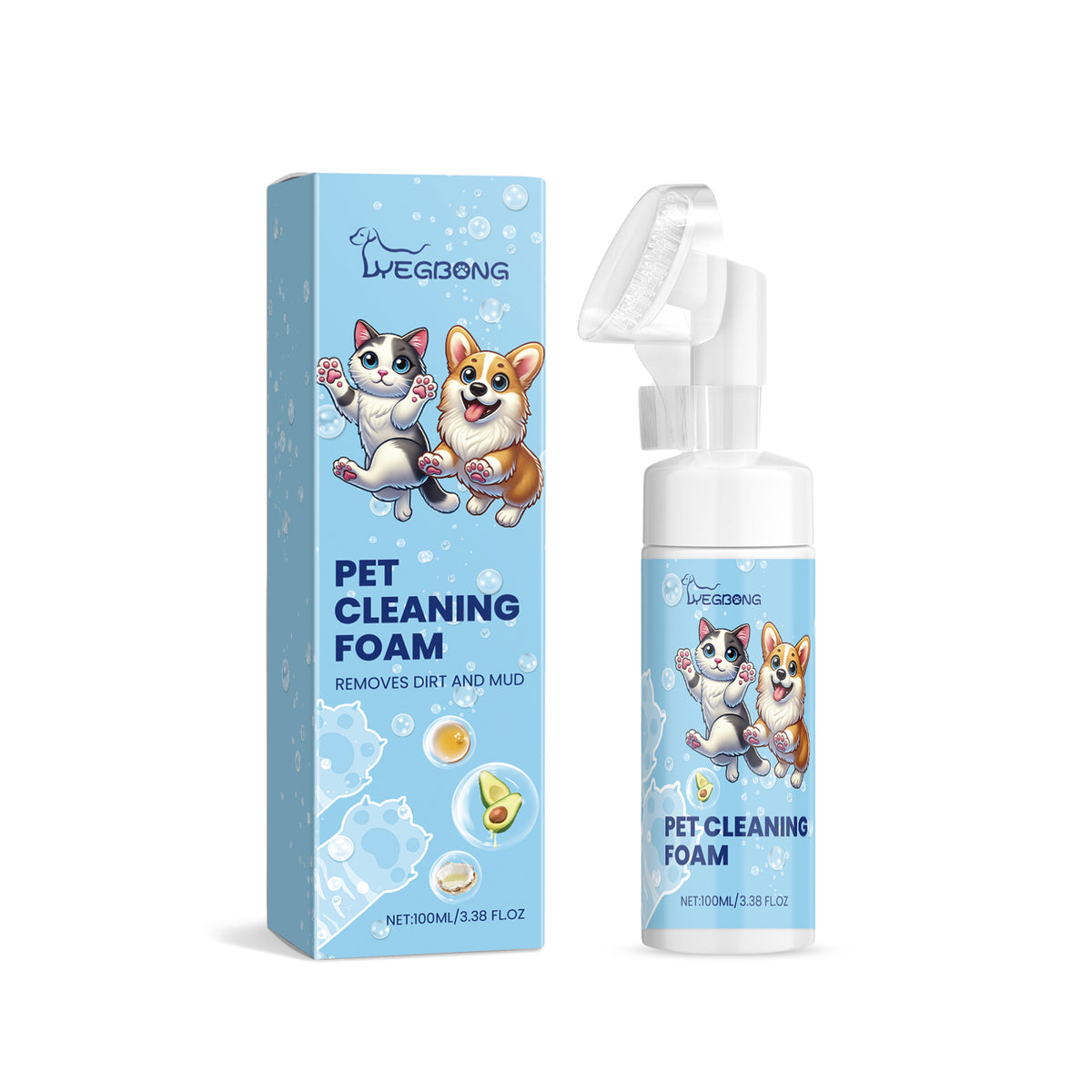 Blue pet paw foam wash bottle with brush head