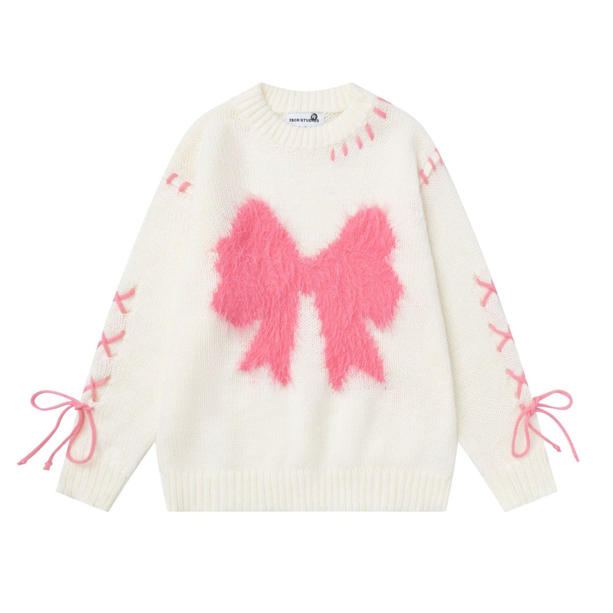 Cream sweater with large pink bow and lace-up sleeves