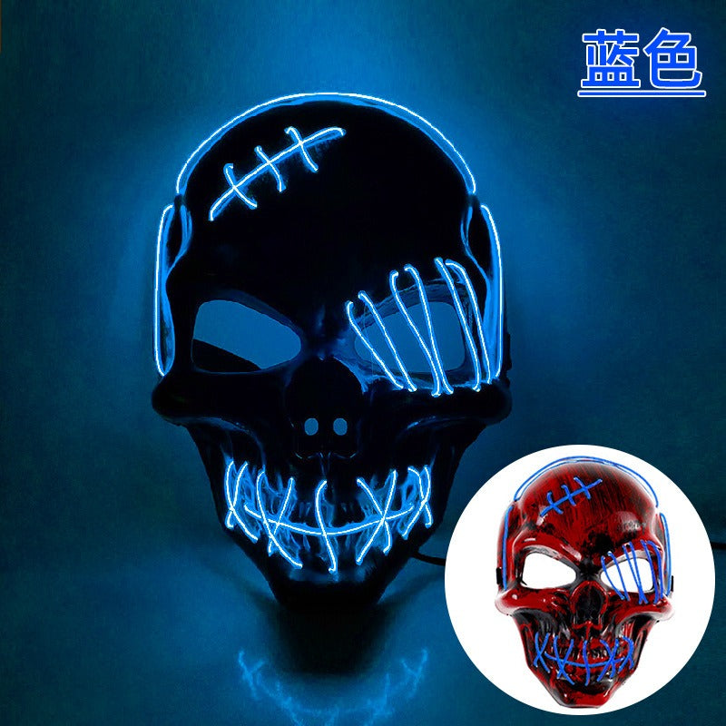 Black LED costume mask with blue glowing stitching design