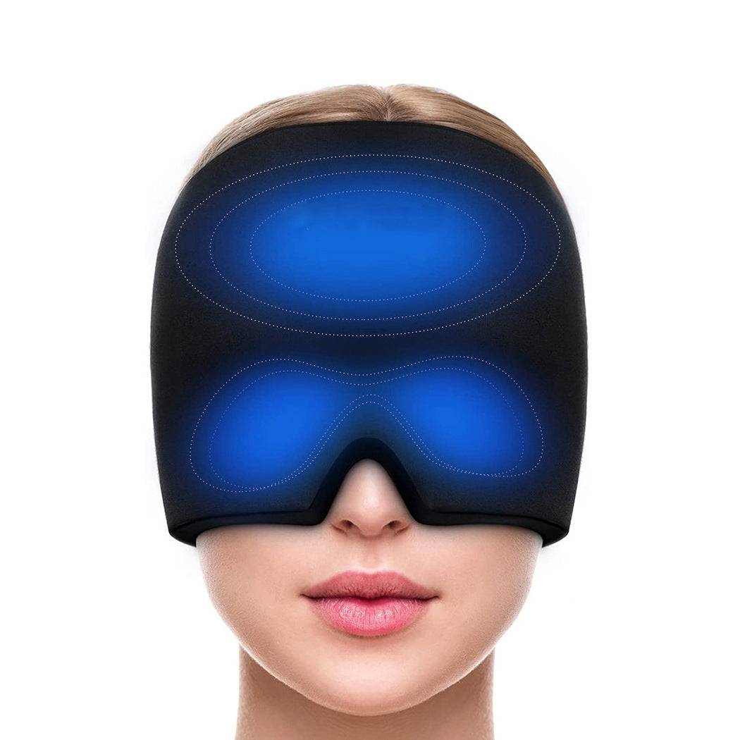 Black-and-blue gel cooling cap covering the eye area