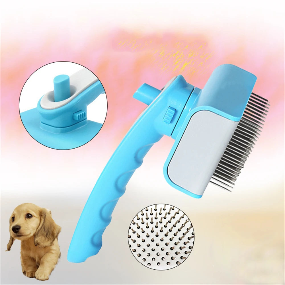 Blue self-cleaning pet grooming brush showing bristles
