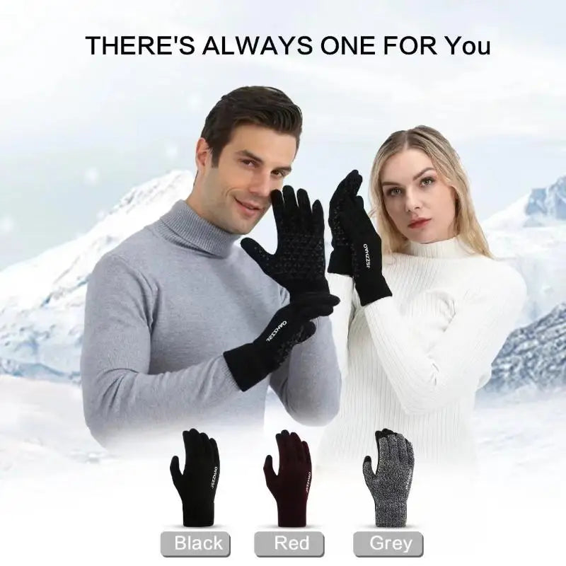 Two models wearing dark knit gloves