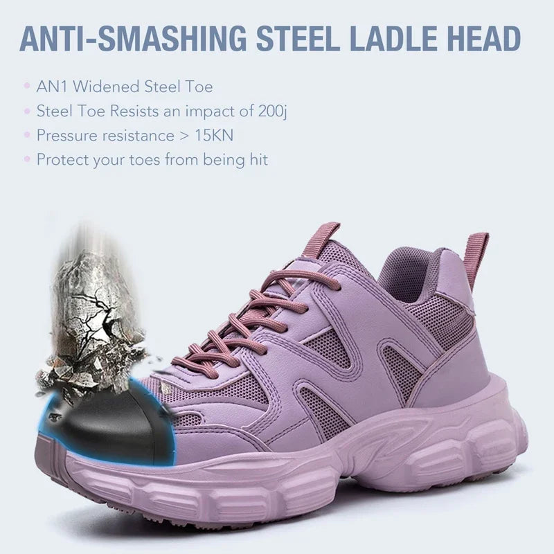 Purple work sneaker with reinforced-toe demonstration