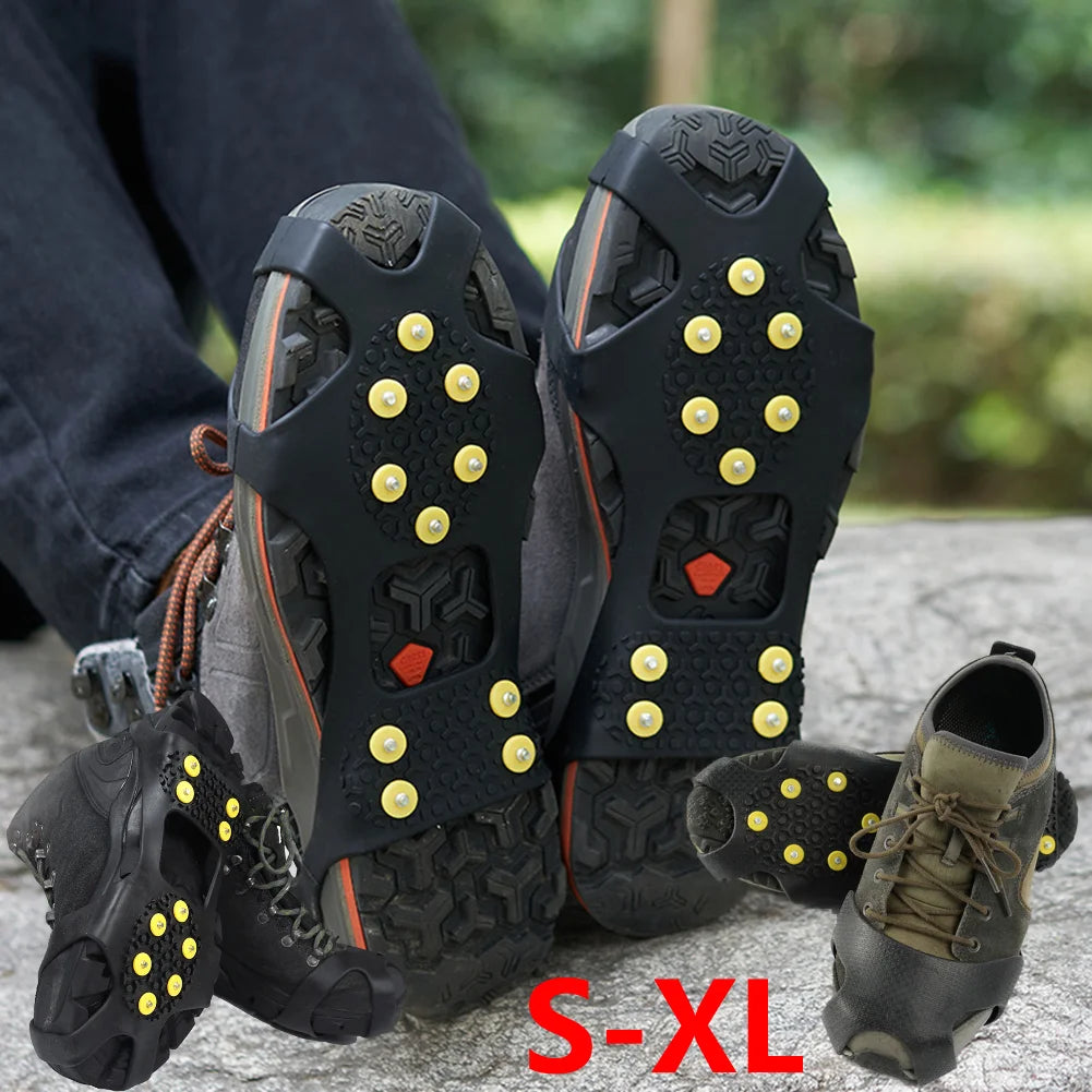 Studded shoe traction cleats shown fitted over boots