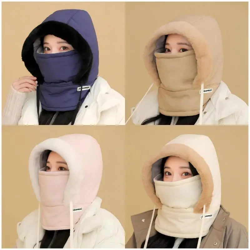 Models wearing winter hoods and integrated face covers