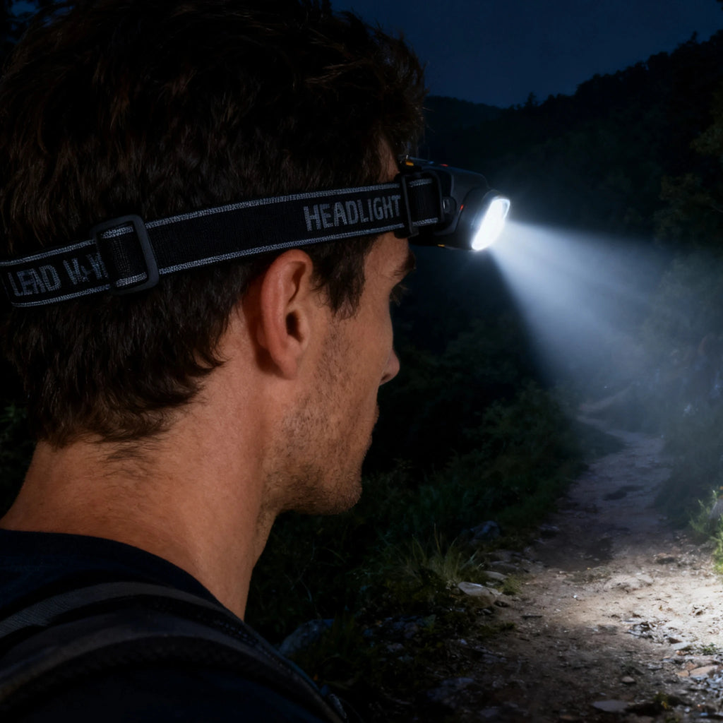 Person wearing a headlamp while outdoors at night