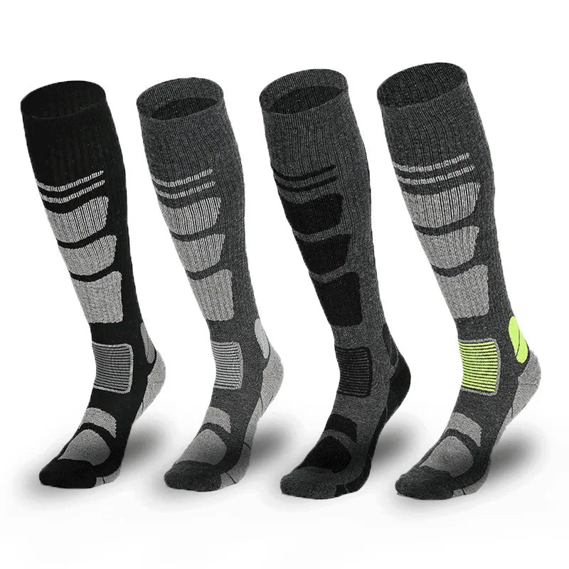 Tall patterned ski socks displayed in neutral colors