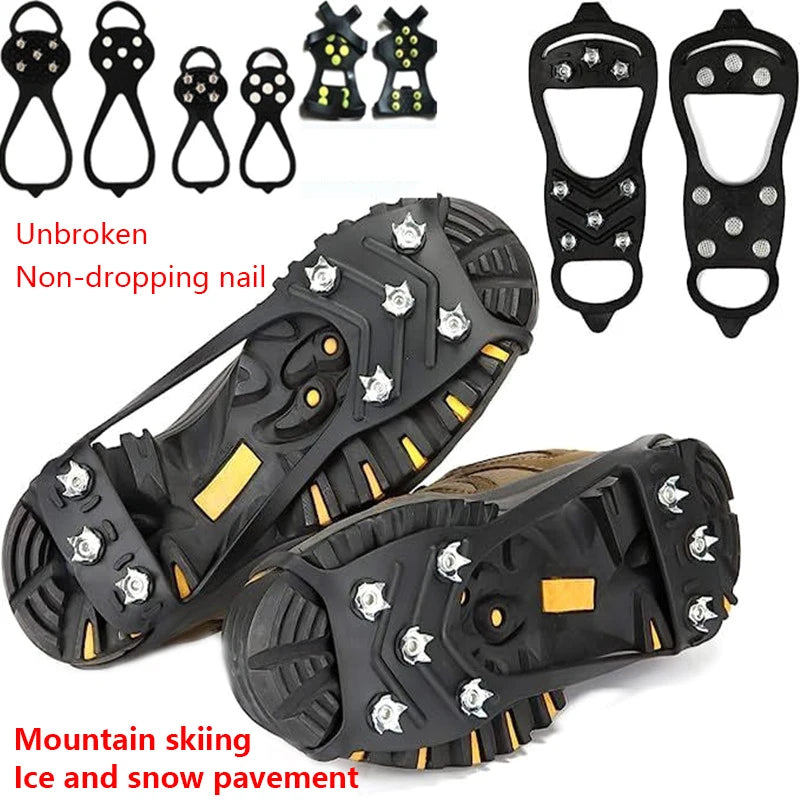 Black studded traction covers shown over shoe soles