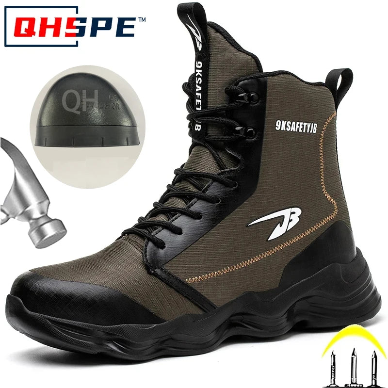 Black high-top lace-up work boot with steel-toe illustration